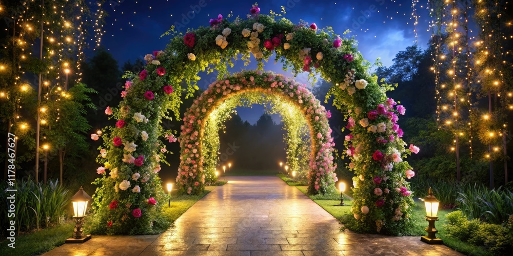 Fototapeta premium Dreamy illuminated arch creates a magical backdrop for your nighttime wedding ceremony.
