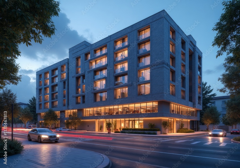 Obraz premium Modern building with glowing facade at dusk in an urban setting