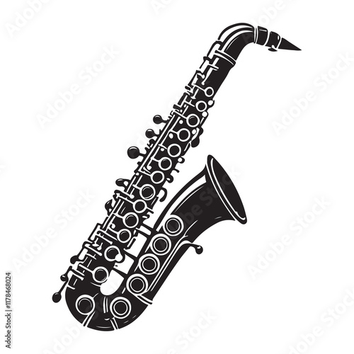 Bass Clarinet Silhouette Vector Illustration, Solid White Background.