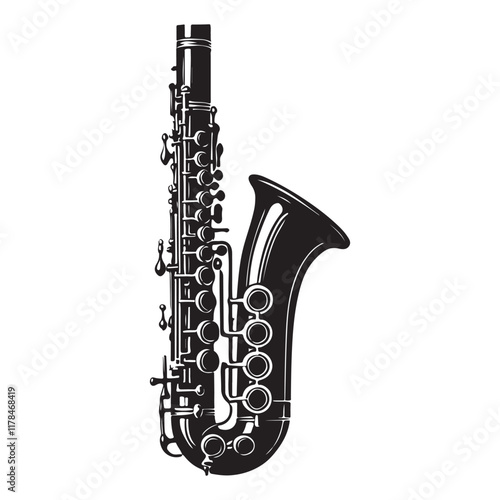Bass Clarinet Silhouette Vector Illustration, Solid White Background.