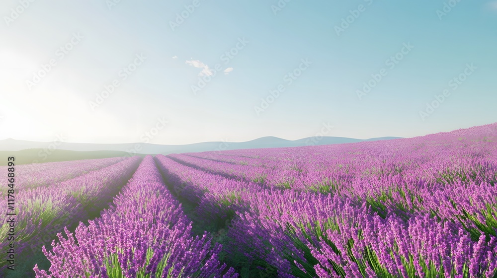 Naklejka premium A serene lavender field under the twilight sky, with rows of purple flowers stretching to the horizon. captures the tranquility and beauty of nature