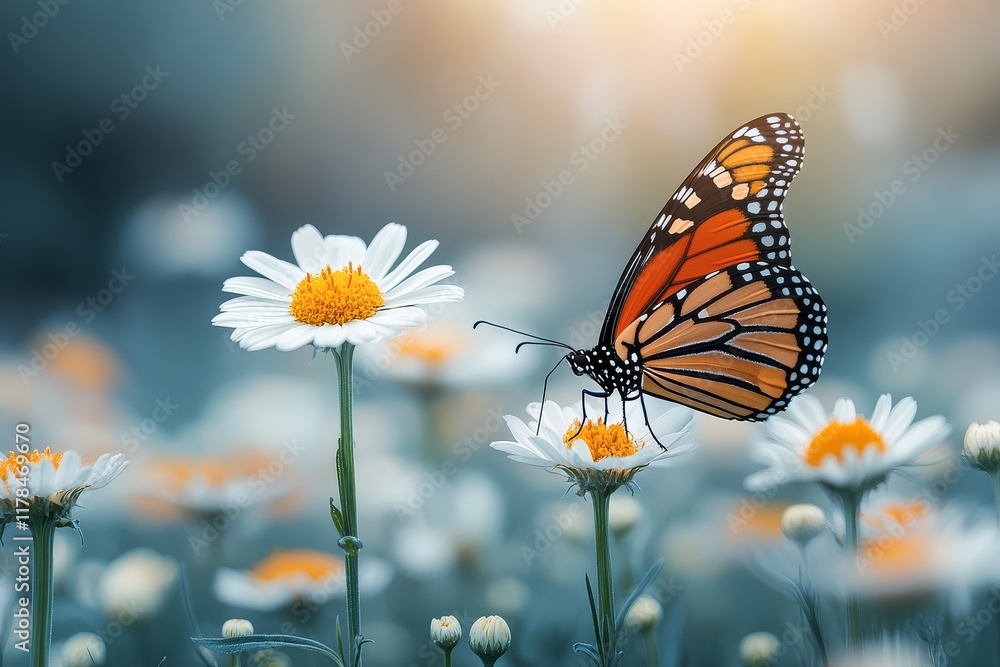 Serene Meadow: White Flowers and Orange Butterfly in Soft Focus Serene Meadow: White Flowers and Orange Butterfly in Soft Focus