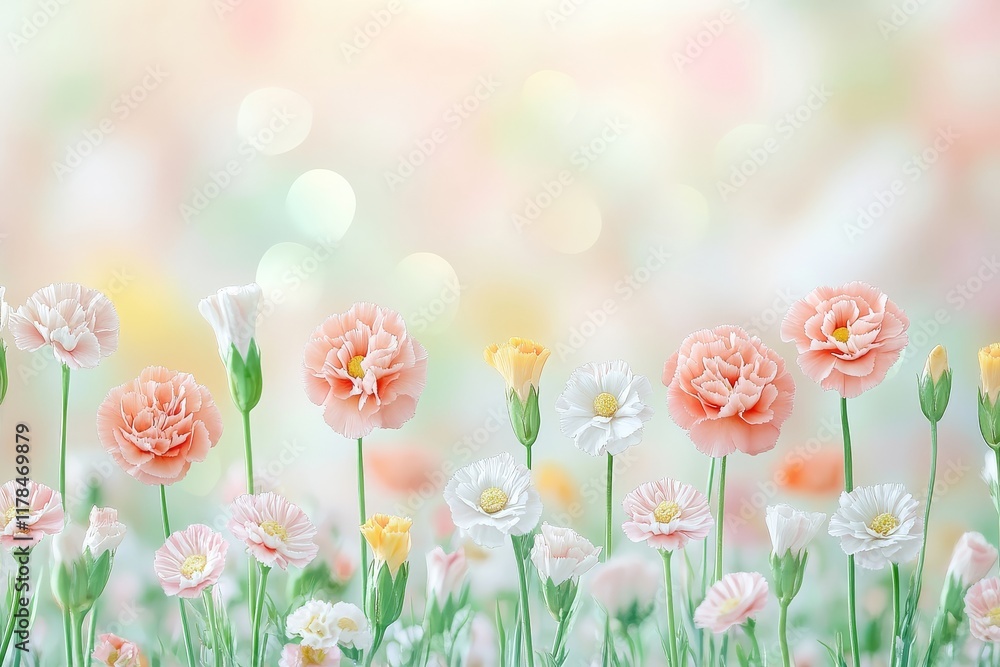 Dreamy Pastel Floral Background: Delicate Carnations and Daisies Dreamy Pastel Floral Background: Delicate Carnations and Daisies