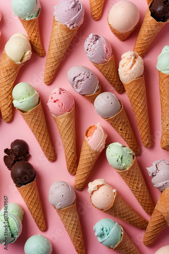 Ice cream cones on pastel pink background 