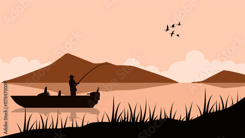 A person fishing in the lake with boat. Vector illustration of fisherman with fishing boat in the mountain lake. Fishing hobby for leisure holiday with serene lake and calm environment landscape