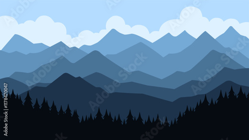 Landscape of mountain range with pine forest and cloudy sky. Vector illustration of scenery mountain ridge with coniferous forest. Blue jagged mountain panorama with pine forest silhouette