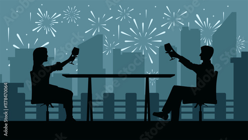 A couple having dinner on top of building with sky full of fireworks. Vector illustration of two people drinking in the night of new year holiday. Date of couple with cityscape and fireworks party