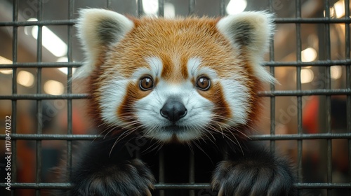A close-up of a red panda looking through a cage, showcasing its expressive eyes and fur.