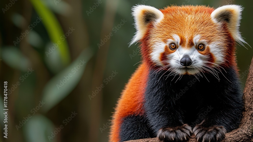 Fototapeta premium A close-up of a red panda perched on a branch, showcasing its vibrant fur and expressive eyes.