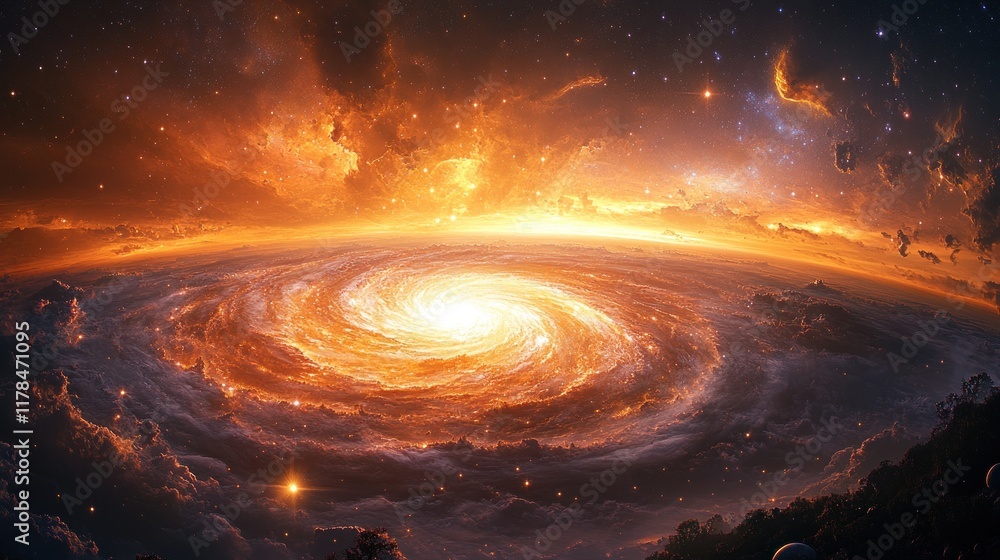 A stunning cosmic scene featuring a swirling galaxy amidst vibrant clouds and stars. A stunning cosmic scene featuring a swirling galaxy amidst vibrant clouds and stars.