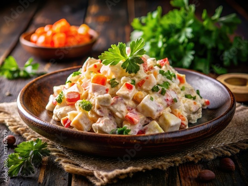Creamy Russian Salad on Speckled Plate - Urban Exploration Photography