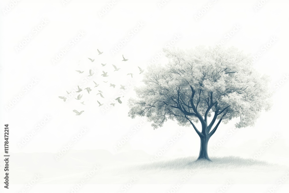 Minimalist artwork featuring a solitary tree and birds in flight, set against a gentle pastel backdrop, evoking tranquility and freedom. Minimalist artwork featuring a solitary tree and birds in flight, set against a gentle pastel backdrop, evoking tranquility and freedom.