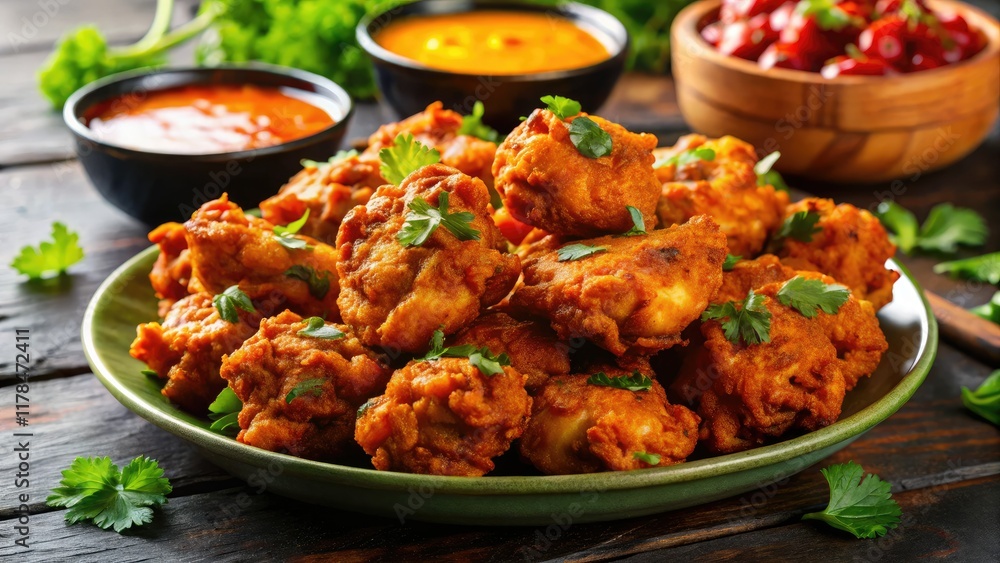 Crispy Fried Chicken Pakora Appetizer - Spicy Dipping Sauce & Cilantro - Food Photography