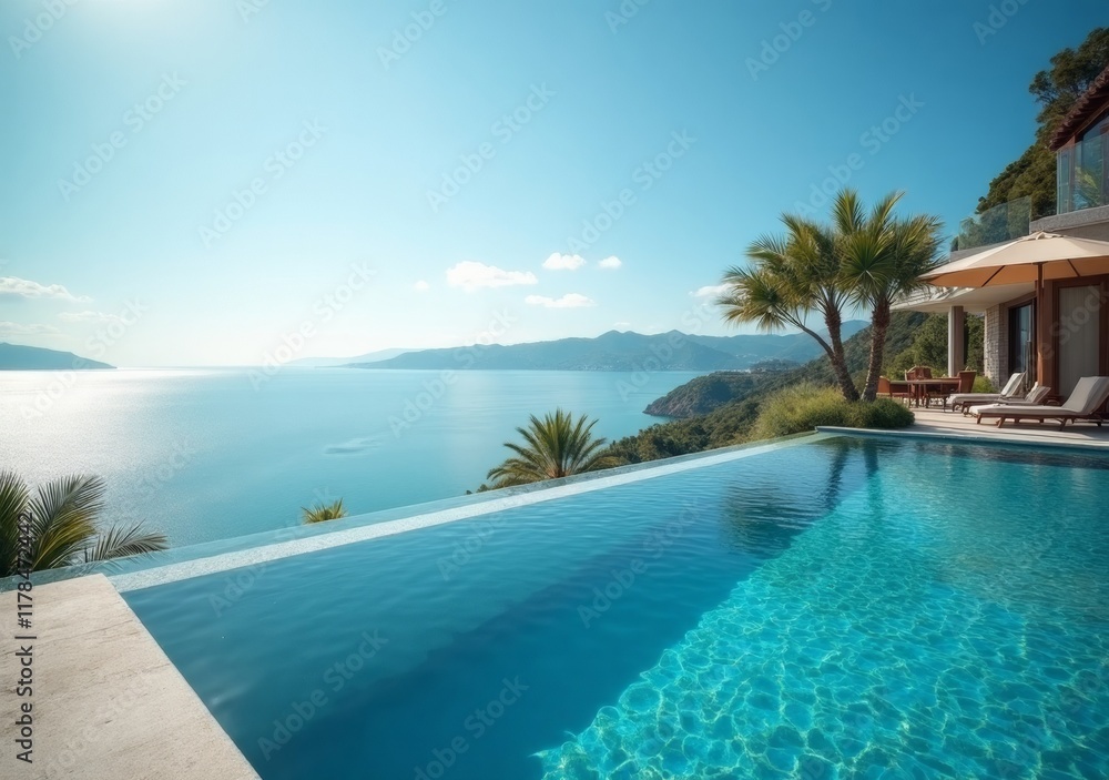 Fototapeta premium Relaxing poolside view at a luxury villa overlooking a tranquil bay