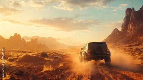 A 4x4 off-road SUV speeding through the desert, showcasing the power and versatility of the vehicle against a rugged, arid landscape. photo