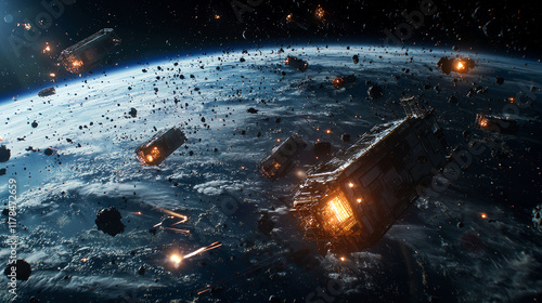 Space Debris Disaster: A Stunning Vision of Cosmic Catastrophe and Orbital Chaos. Witness the Fiery Destruction of Satellites and the Perilous Fall of Space Junk Towards Earth!