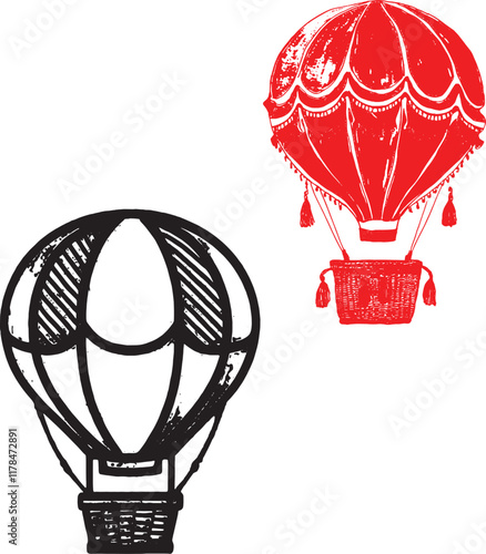 A black and white hot air balloon illustration with a touch of red is ideal for travel adventure themes dreamy designs or event branding photo