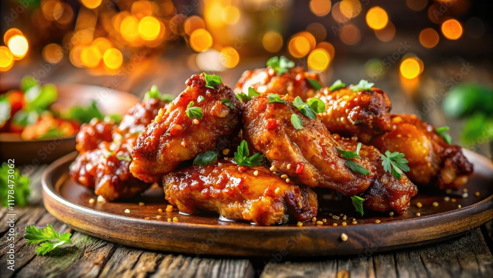 Crispy Spicy Chicken Wings - Bokeh Close-up Crispy Spicy Chicken Wings - Bokeh Close-up