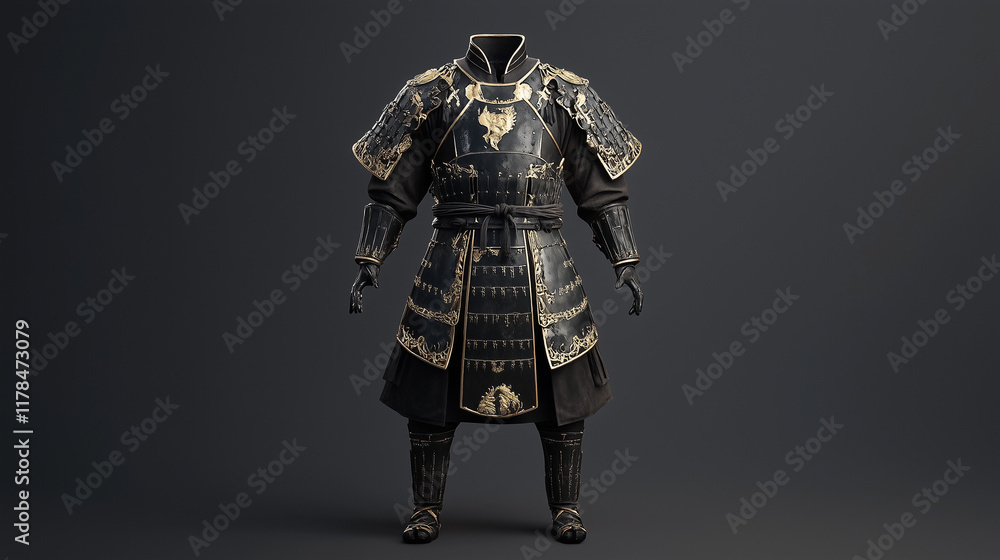 Samurai Armor:  A meticulously detailed 3D render of traditional Japanese samurai armor, showcasing intricate designs and textures in dark hues with gold accents.