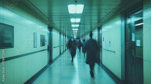 A blurred hospital corridor with doctors rushing down the hallway, capturing the urgency and dedication of medical professionals in a fast-paced healthcare environment.  photo