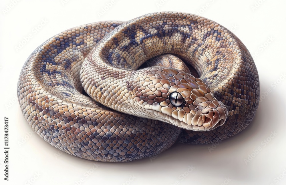 Realistic and Detailed Rendering of a Coiled Snake with Textured Scales in Natural Color Shades on a Plain Background Realistic and Detailed Rendering of a Coiled Snake with Textured Scales in Natural Color Shades on a Plain Background