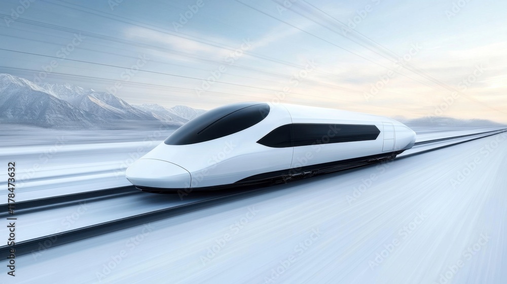 Obraz premium Sleek High-Speed Train in Motion on Tracks Against a Soft Focus Winter Landscape with Mountains