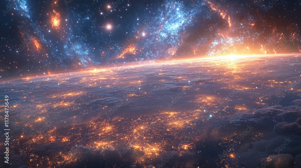 Fototapeta premium A stunning cosmic view showcasing a planet with glowing cities and a vibrant starry background.