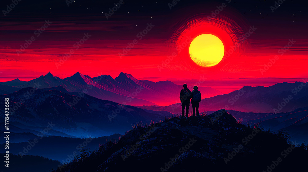 Couple Silhouetted Against a Vibrant Sunset Over Majestic Mountains: A Breathtaking Landscape Photography Couple Silhouetted Against a Vibrant Sunset Over Majestic Mountains: A Breathtaking Landscape Photography
