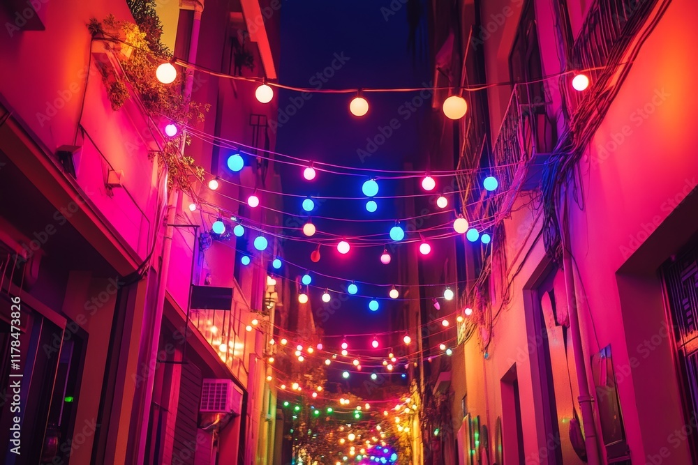 Fototapeta premium Colorful decorative lights illuminating narrow city alley at night