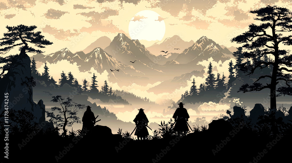 Fototapeta premium Serene Sunset Landscape: Majestic Mountains, Silhouetted Samurai, and Tranquil Nature
