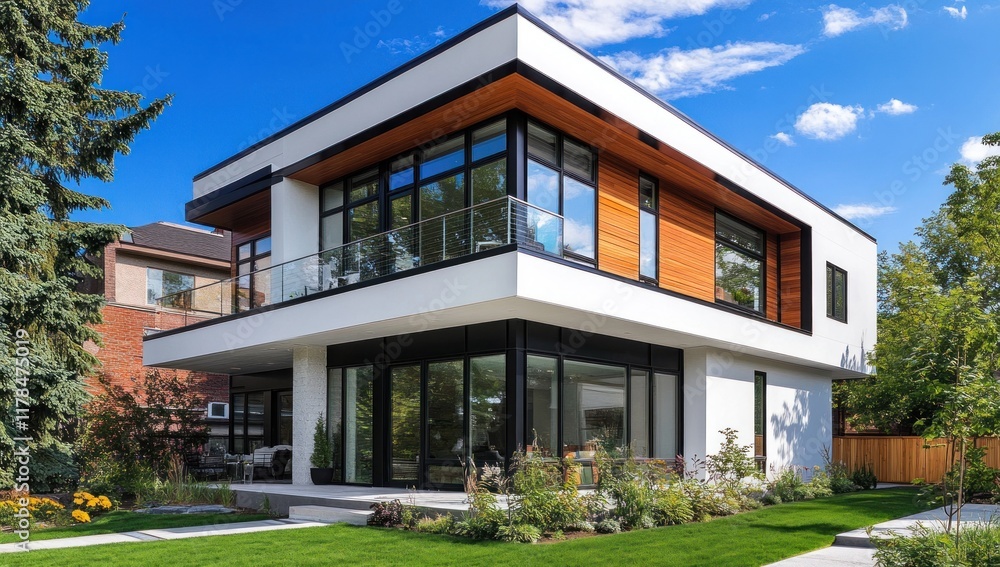 Modern two-story house with wood and white exterior, large windows, and a balcony. Modern two-story house with wood and white exterior, large windows, and a balcony.