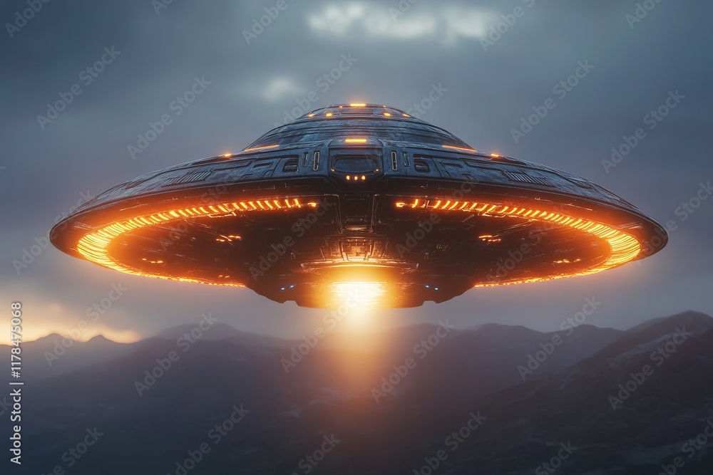 Massive, glowing UFO is soaring through the sky above a majestic mountain range Massive, glowing UFO is soaring through the sky above a majestic mountain range