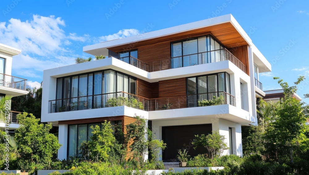Modern two-story house with wooden accents and balconies. Modern two-story house with wooden accents and balconies.