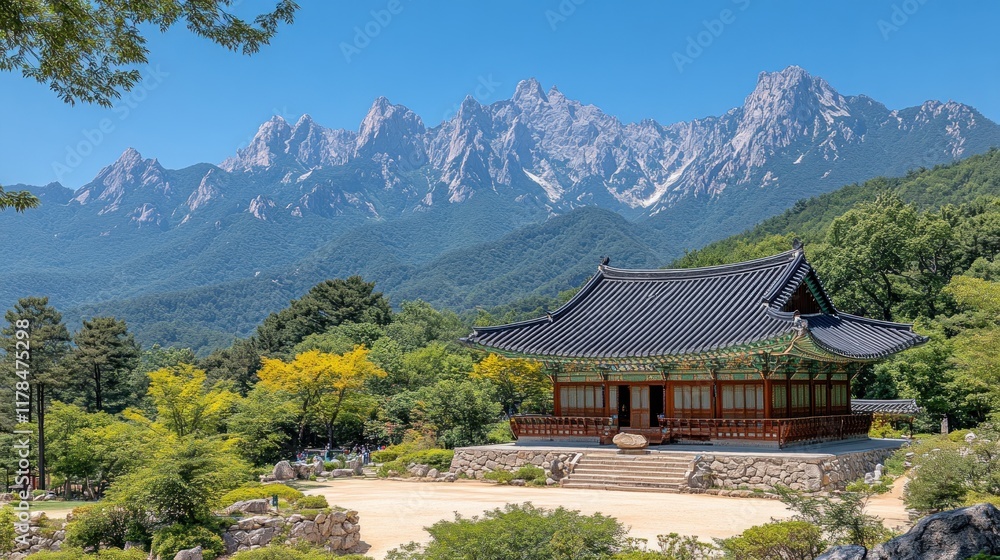 Scenic view of a traditional building against a backdrop of majestic mountains. Scenic view of a traditional building against a backdrop of majestic mountains.