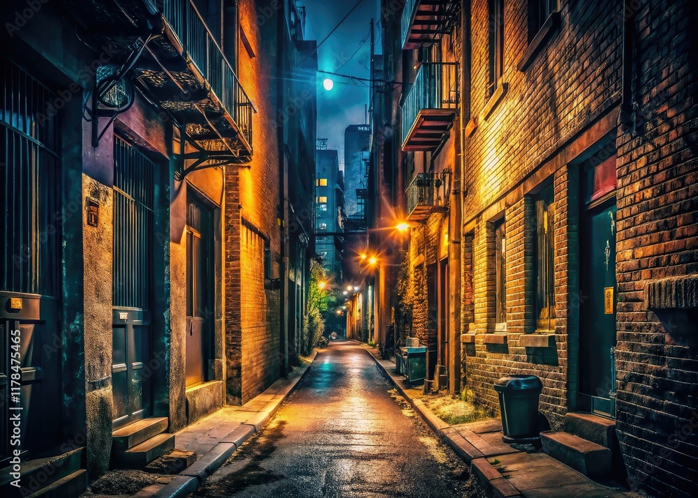 Fototapeta premium Dark Alley Cityscape Vintage Photography, Urban Exploration, Gritty Streets