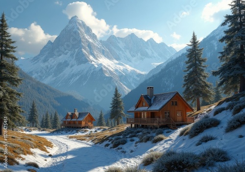 Beautiful winter landscape with cabins nestled in snowy mountain valley photo