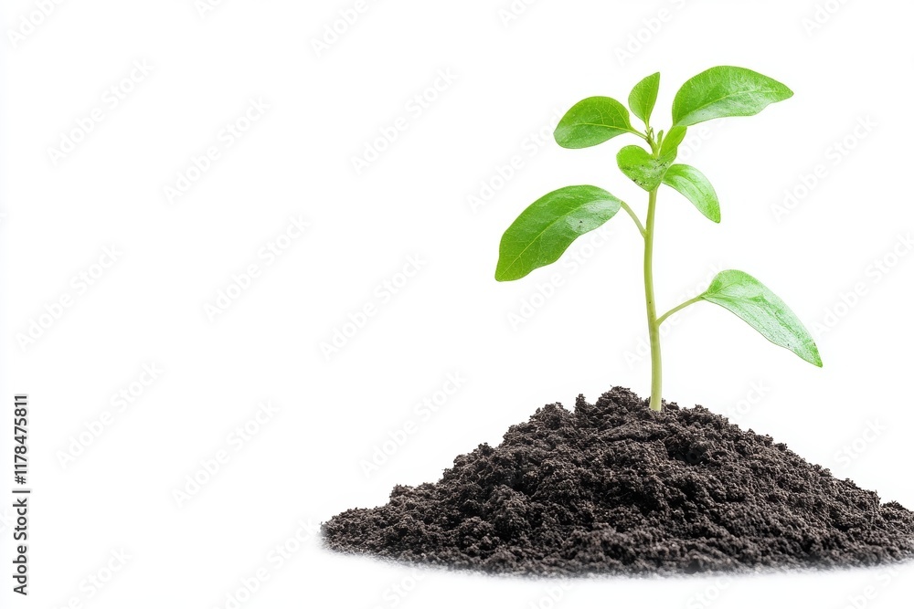 This image features an isolated young green plant growing from soil against a white background, symbolizing business development and growth potential in a minimalist style. This image features an isolated young green plant growing from soil against a white background, symbolizing business development and growth potential in a minimalist style.