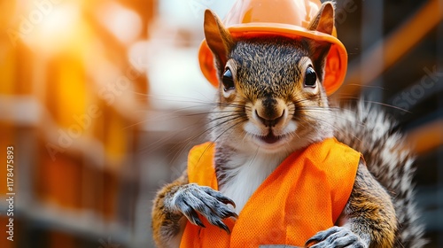 A squirrel in a construction worker's outfit, with a bright orange background resembling a worksite
