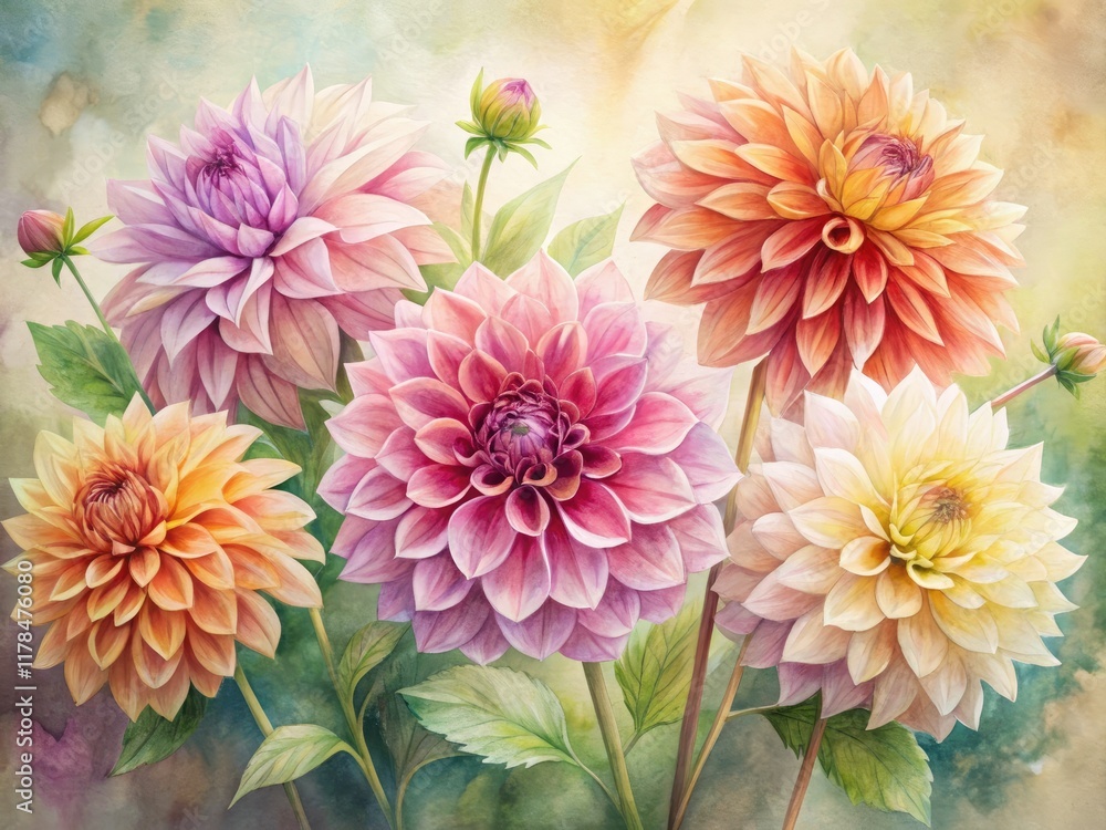 Obraz premium Panoramic watercolor captures a simple, minimalist dahlia in a serene botanical illustration.