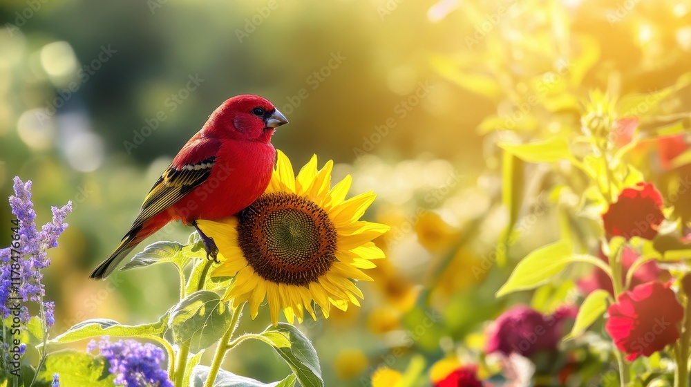 Vibrant Red Bird on a Sunflower in Bloom Vibrant Red Bird on a Sunflower in Bloom