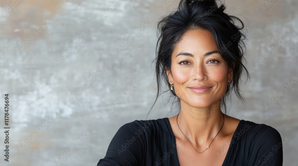 Fototapeta premium graceful Asian woman smiling warmly against textured background