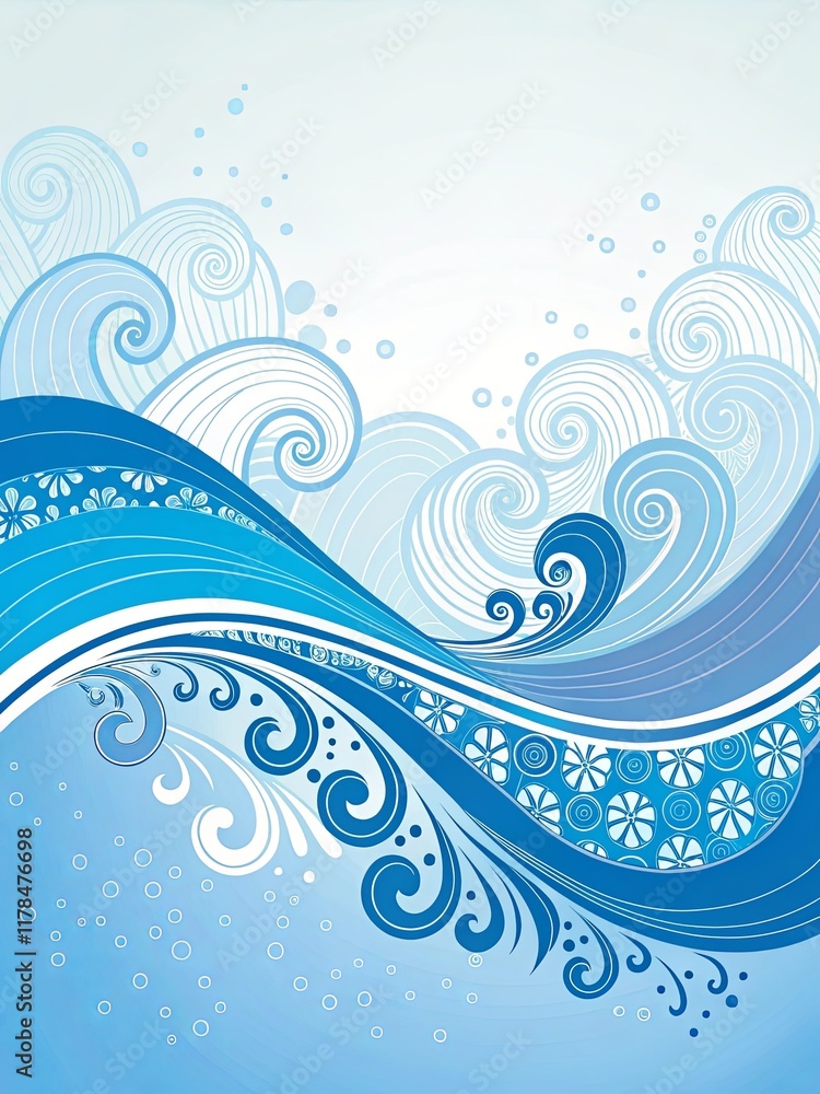 A blue wave with white flowers and swirls A blue wave with white flowers and swirls