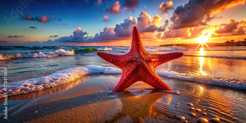 Psychedelic ocean scene: a dreamlike beach covered in vibrant red starfish.