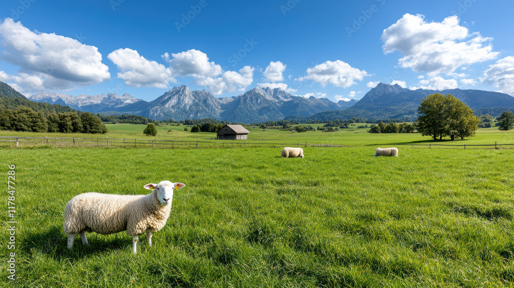Fototapeta premium serene Swiss farm with sheep grazing in lush green fields and mountains
