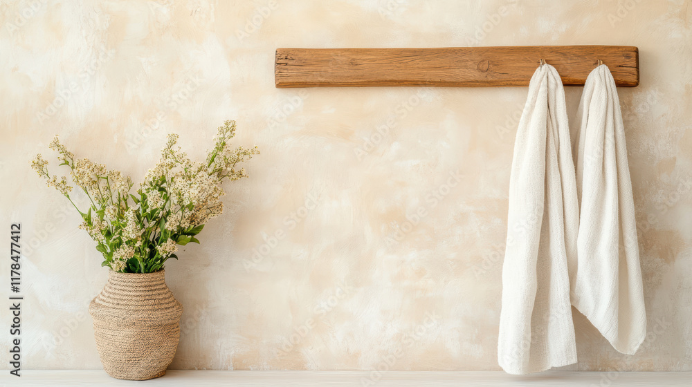 Simple wall mounted coat rack with towels and flower vase Simple wall mounted coat rack with towels and flower vase