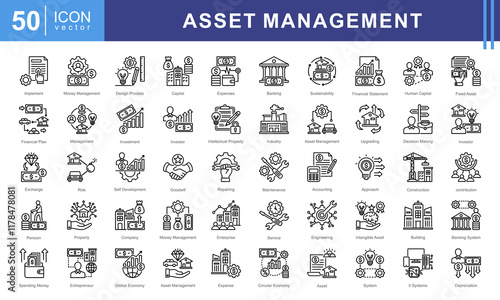 Asset Management icon collection set. Containing systematic, approach, human capital, physical objects, buildings, equipment, intangible icon.
