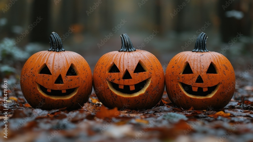 Three carved pumpkins with smiling faces in a forest setting during autumn. Three carved pumpkins with smiling faces in a forest setting during autumn.