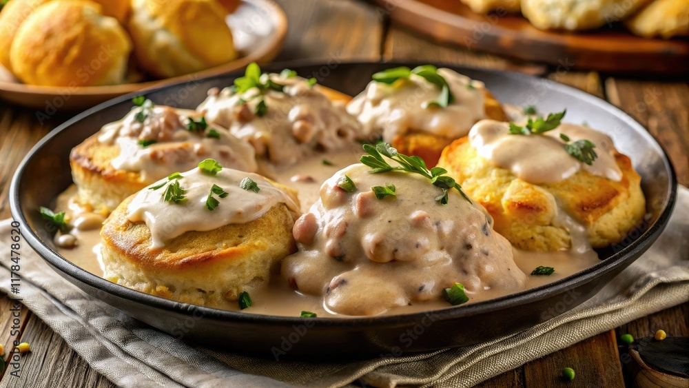 Delicious Black Skillet Biscuits and Gravy - Photorealistic Portrait Delicious Black Skillet Biscuits and Gravy - Photorealistic Portrait