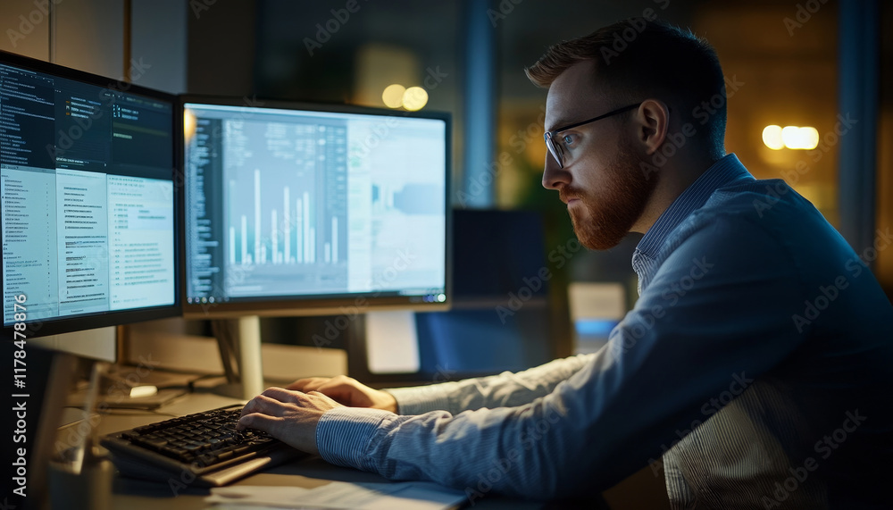 Accountant analyzing financial data using software in modern office environment Accountant analyzing financial data using software in modern office environment