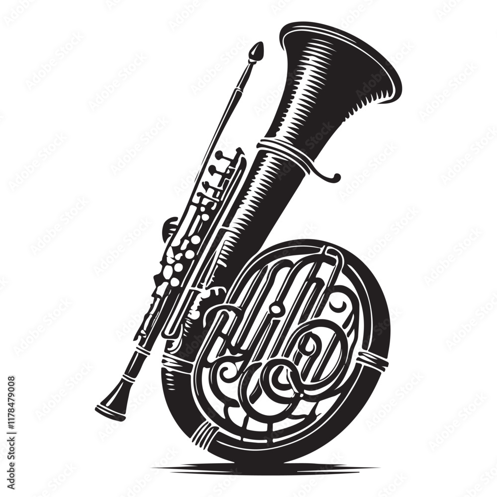 Naklejka premium Bassoon Silhouette Vector Illustration, Solid White Background.